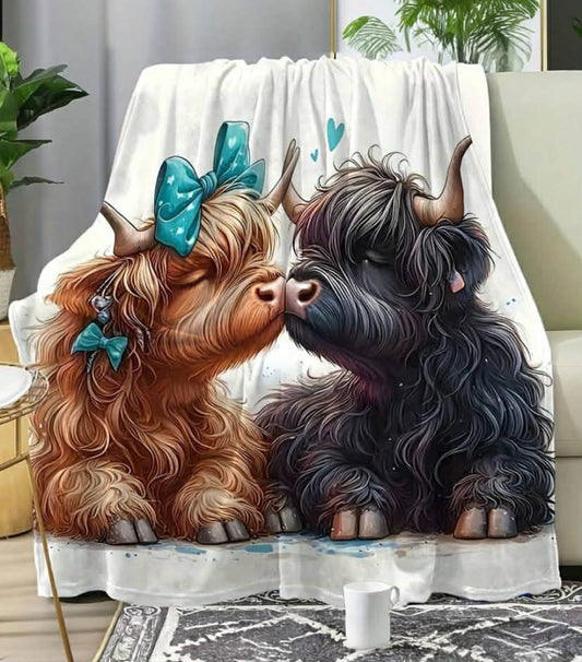 1 pc Watercolor Style Cute Highlander Cow, Blue Bow, Natural Animal Pattern Square Plush Blanket