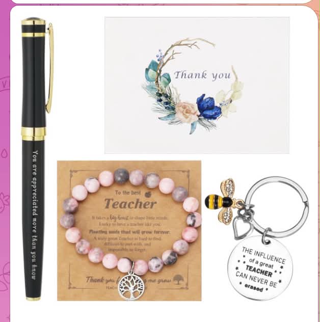 4 PCS Teacher Gifts for Women Men Thank You Gift Thank You Teacher Gifts With Keychain, Bracelet, Pen, Thank You Card, Teacher Gifts Personalised for Appreciation, Teacher's Day and Retirement