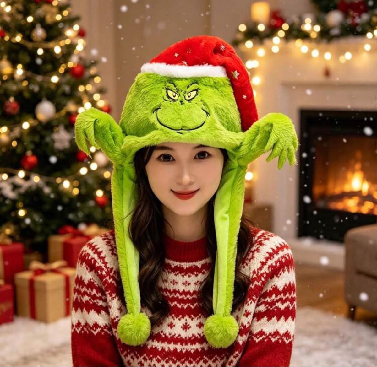 The Grinch Christmas Plush Hat, Funny Moving Jumping Green Monster Santa Hat With Pom-Poms For Christmas