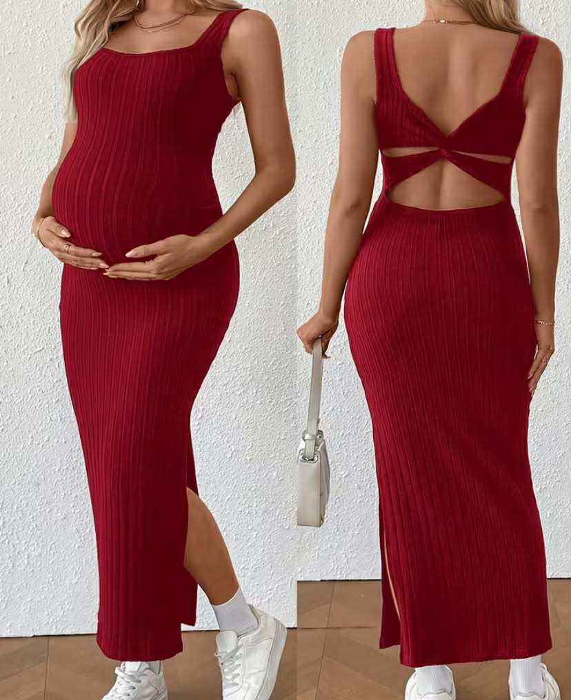 Maternity Sleeveless Dress - Solid Color Twist Back Split Hem Pregnancy Dress Suitable for Summer, Machine Washable Prenatal Wear for Hospital Visits, Ultrasound Appointments & Casual Outfits (Comfortable & Stylish)
