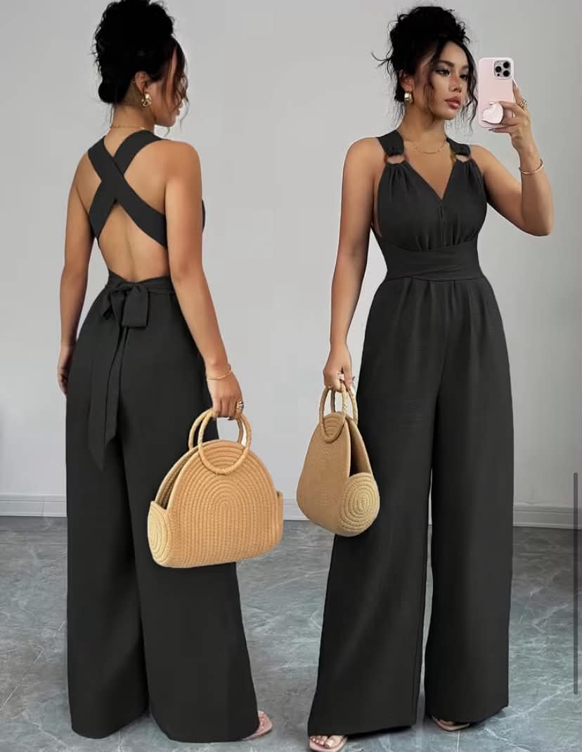 Women'S V-Neck Tie-Waist Wide-Leg Jumpsuit Women'S Jumpsuit Women'S Casual Summer Vacation Dress