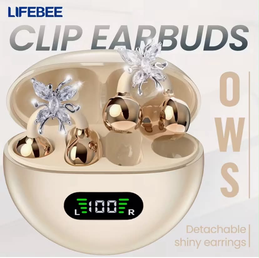 Wireless Open Earbuds, OWS Clip On Earphones, Butterfly Earrings Earbuds, Pure Stereo Sound, Suitable for Exercise/ Sports/ Outdoors, Wireless Earphone, Clip Earbuds, Travel Earbuds,