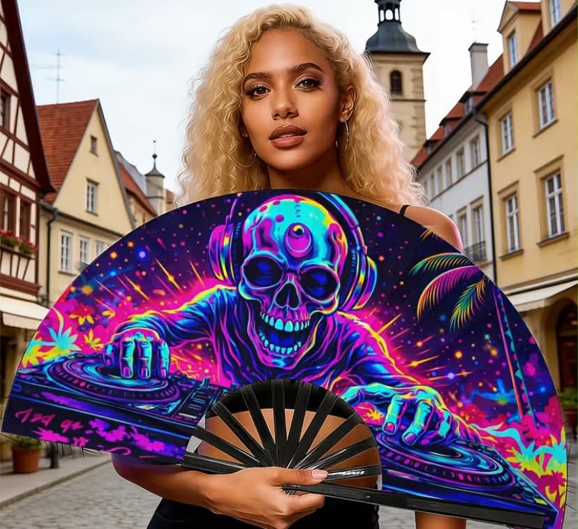 Neon Skull DJ-Themed Folding Handheld Fan - Lightweight Plastic Portable Cooling Fan