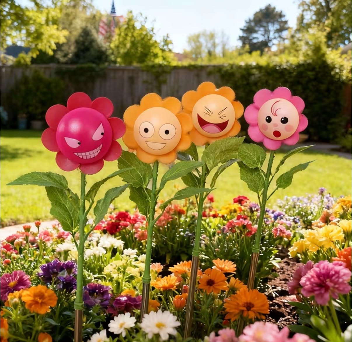 4 Pack BobbleHead Emoji Wind Spinners Sunflower Pinwheels - Garden Decor,