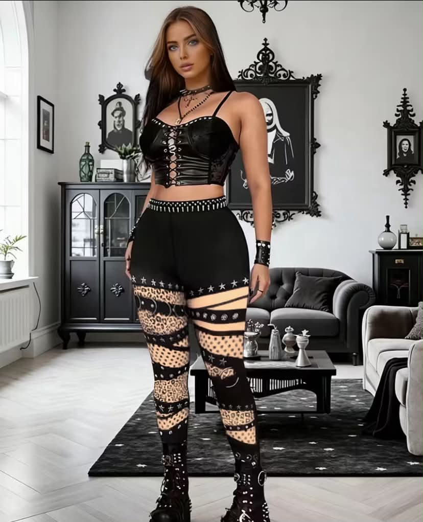 Plus Size Women's High-Waisted Punk Gothic Butt-Lifting Tummy Control Leggings - Stretchy Pants with Spiked Belt-Style Waist and Thigh Print,