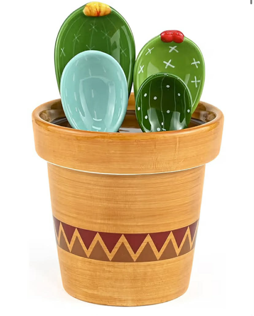 5 Pcs Ceramic Cactus Measuring Spoons Set, Flower Pot Measuring Spoon Set Cute Measuring Cups and Spoons Set for Home Kitchen Dry Wet Measuring Liquid Food Salt, Sugar