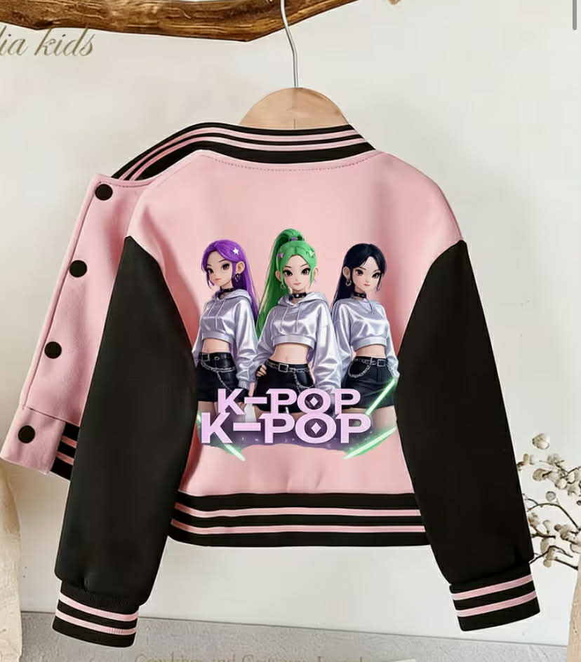 Girls' Fashionable Cropped Jacket with Colorful Hair-style K-pop Singer Print and Color-block Design