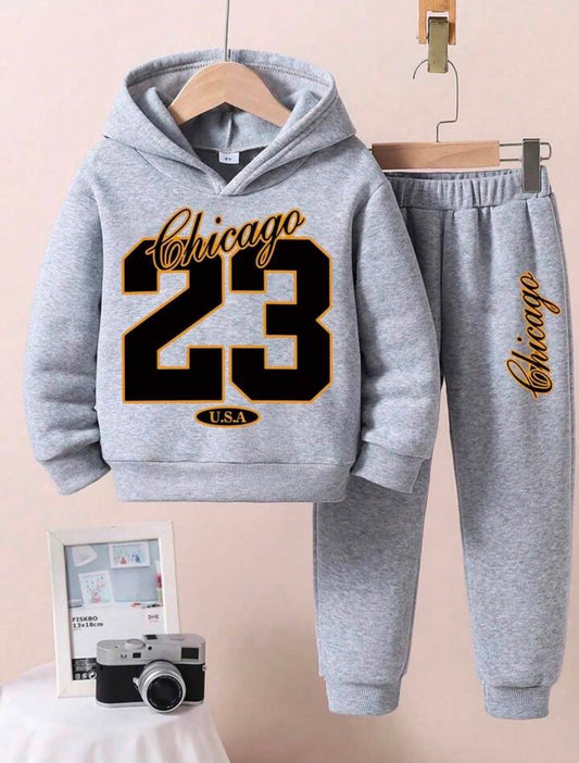 Young Boy Letter Print Warm Hoodie And Sweatpants Casual Outfit