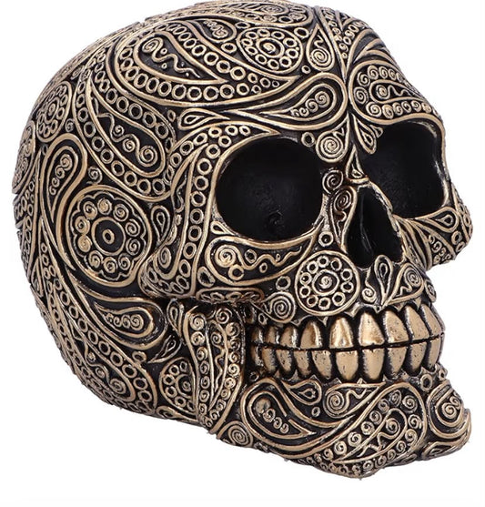 Paisley Skull 11.5cm, Resin, Black and Gold, Paisley Pattern Skull Ornament, Macabre Home Décor, Cast in the Finest Resin, Expertly Hand-Painted