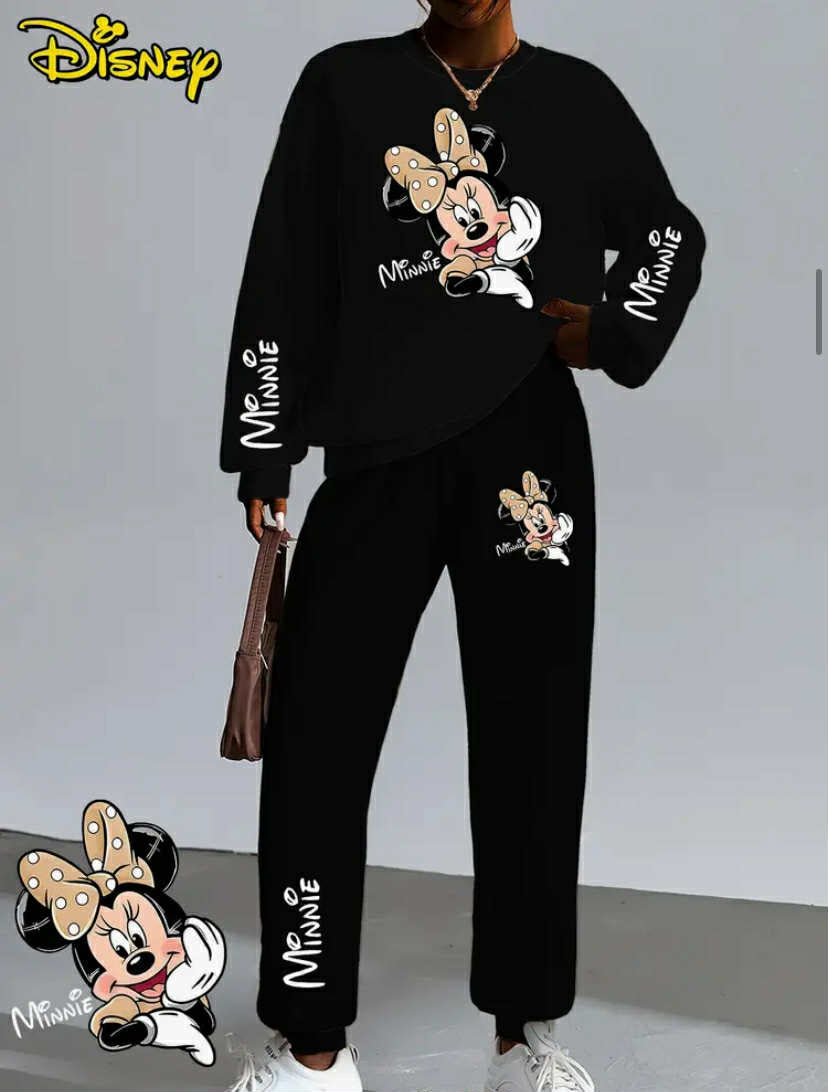 Disney Officially Licensed Minnie Polka Dot Bow Print | Women'S Two-Piece Set with Round Neck Hoodie and Black Pants