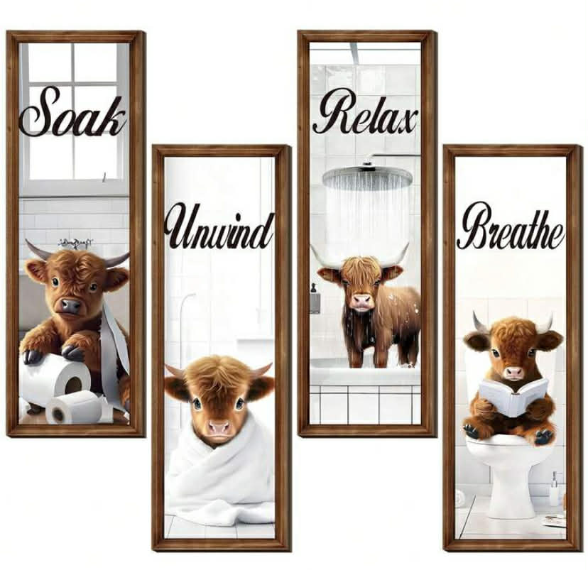 4 Pcs Highland Cow Funny Bathroom Decor Wall Art,