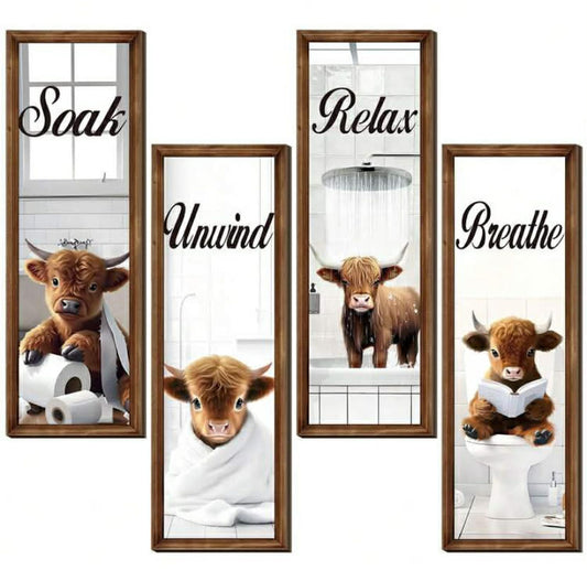 4 Pcs Highland Cow Funny Bathroom Decor Wall Art,