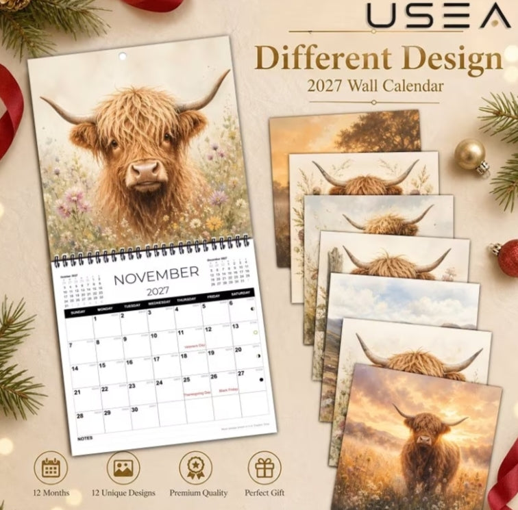 2027 Square Wall Calendar 12 Months Jan 2027-Dec 2027 Twin Wire Spiral Hanging, Highland Cow Botanical Wildflower Boho Farmhouse