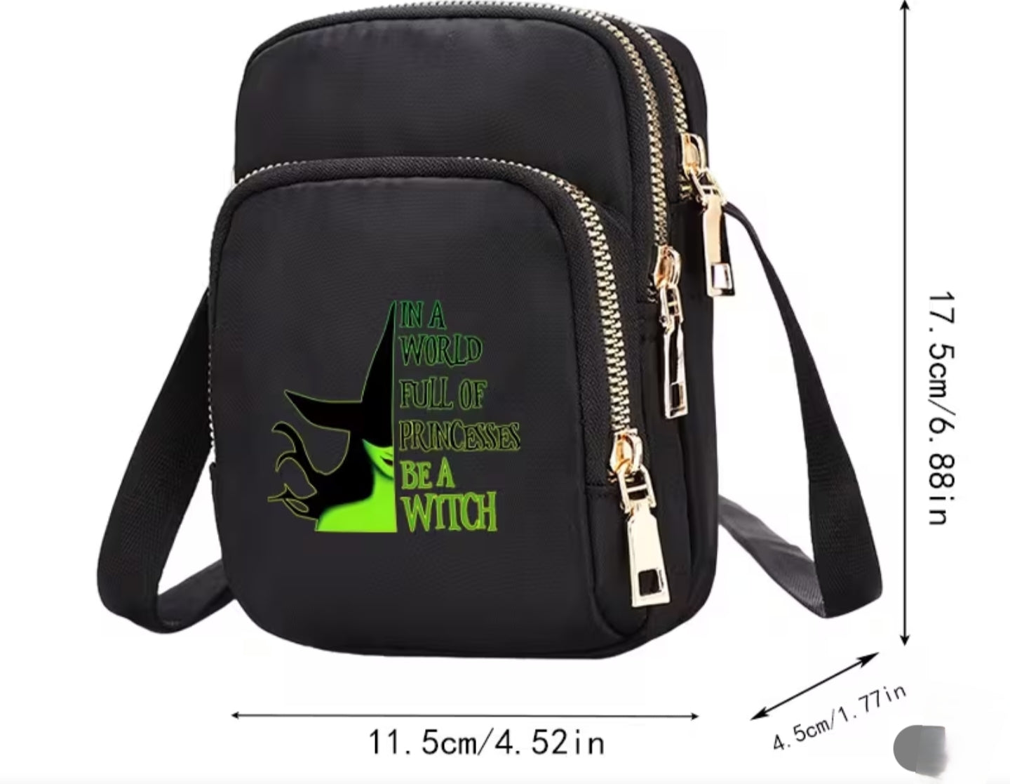 A Crossbody Bag Featuring a Wicked Witch Design, Spacious Enough for Various Uses, with a Versatile Tote Style, Adjustable Strap, And Zip Closure,