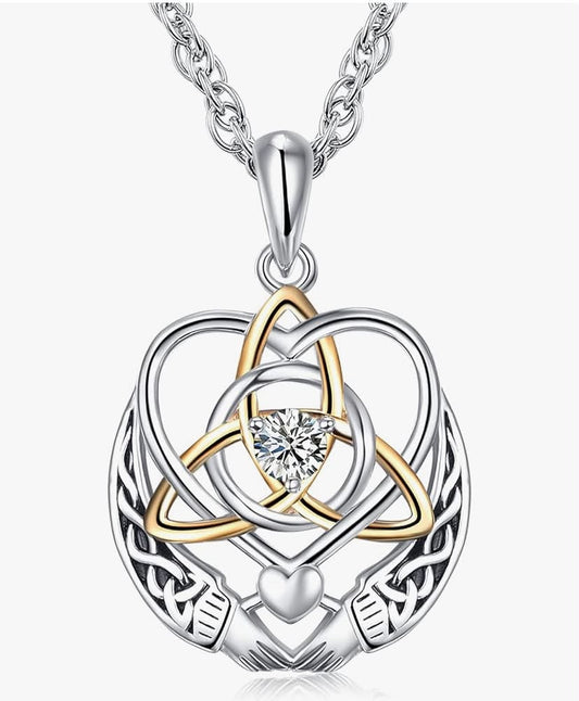 Claddagh Necklace for Women 925 Sterling Silver Celtic Knots Irish Heart Pendant Vintage Necklaces Irish Trinity Jewelry Gifts