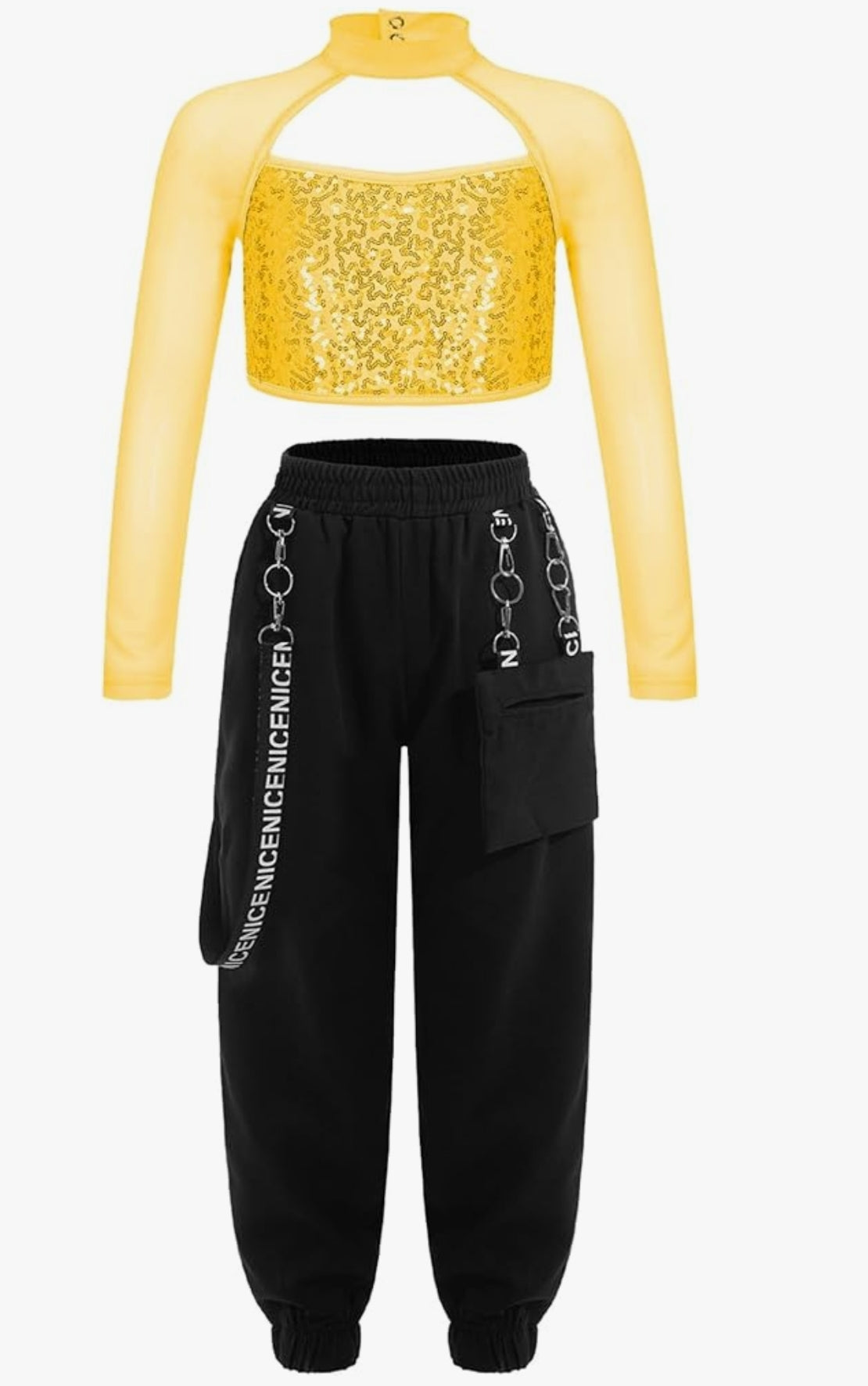 Kids Hip Hop Dance Clothes Girls Street Dance Outfits Mesh Sleeves Sequins Crop Tops and Jogger Pants Set