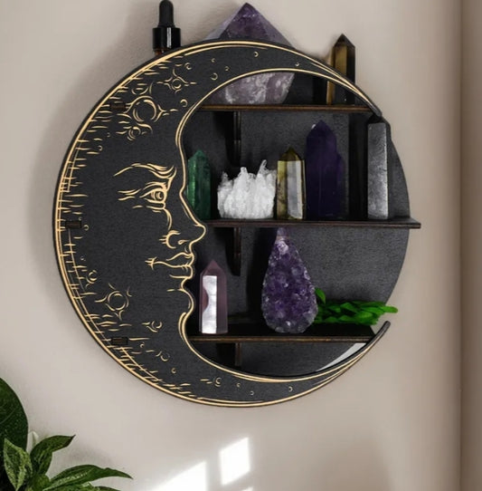 1 pc of a 9.96 by 9.96-Inch Wooden Moon Shelf, Featuring a Creative Animal-Themed Crystal Display Rack for Wall Decor. This Wooden Craft Can Be Hung As an Ornament,