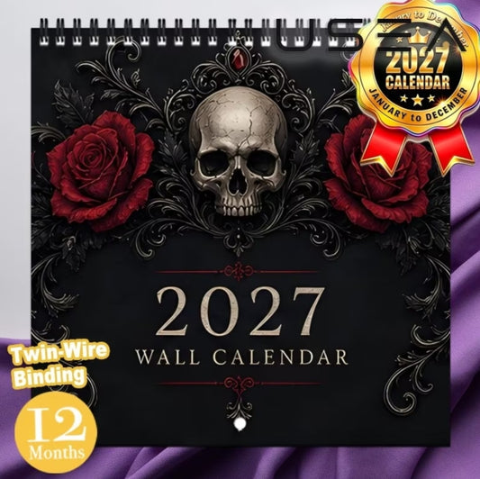 2027 Wall Calendar, 12 Months Monthly Calendar Moon Phases & US Holidays, 12 Months Yearly Organizer, Twin Wire Spiral Binding Gothic Skull Red Rose Hanging Calendar,