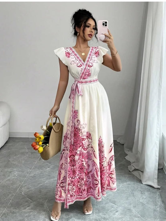 Women's Pink Floral Maxi Dress - V-Neck Ruffle Sleeve Belted Wrap Boho Long Dress