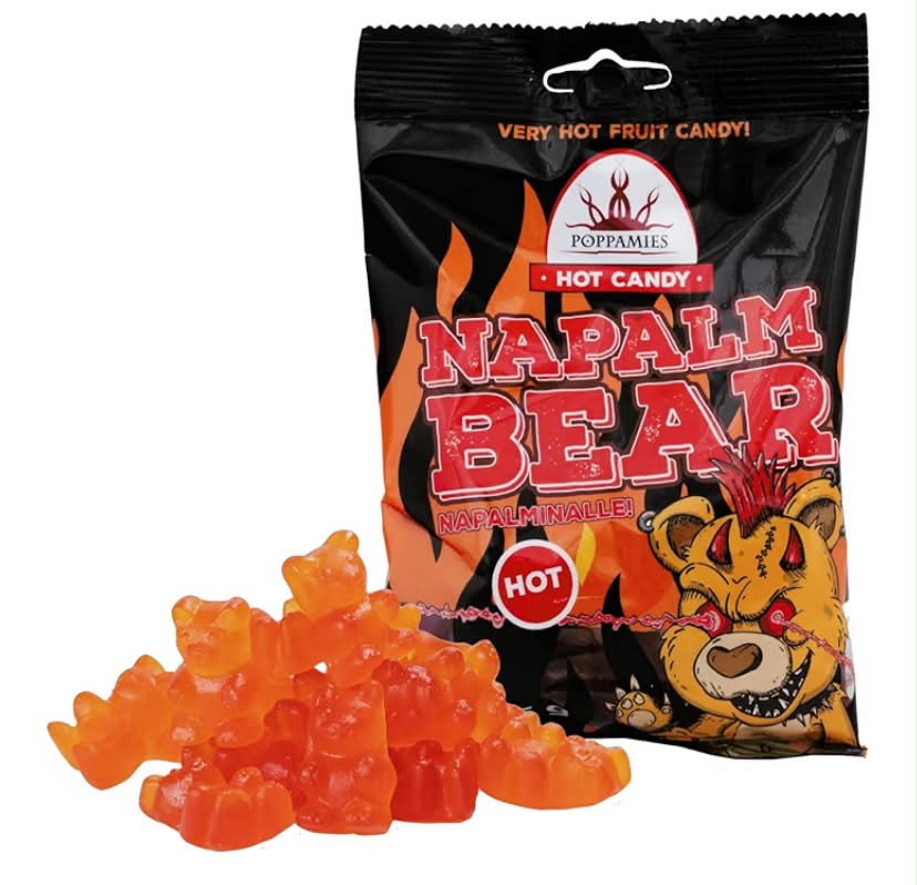 Spicy Gummy Bear Sweets Poppamies NapalmiNalle Chili Fruit Gums - Gluten free Lactose free Vegan - Not for kid or Halloween Prank - Spiciness: 4/10 - Size: 125g