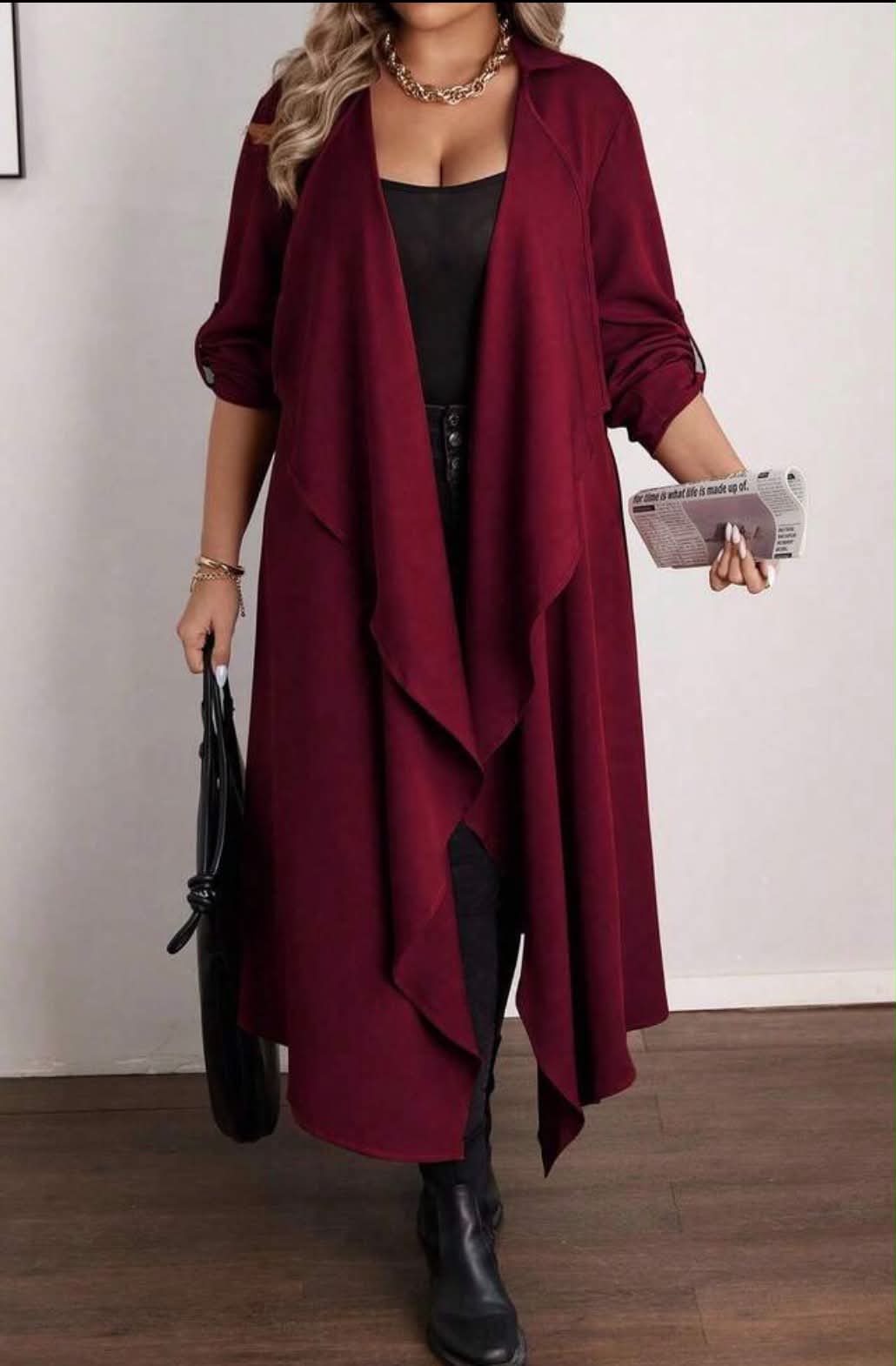Women Plus Size  Long Jacket Elegant Office Evening Formal Hiking Casual Waterfall Collar Draped Cardigan Autumn Asymmetrical Hem