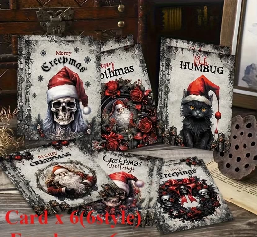 12 Unique Gothic Santa Christmas Cards with Envelopes