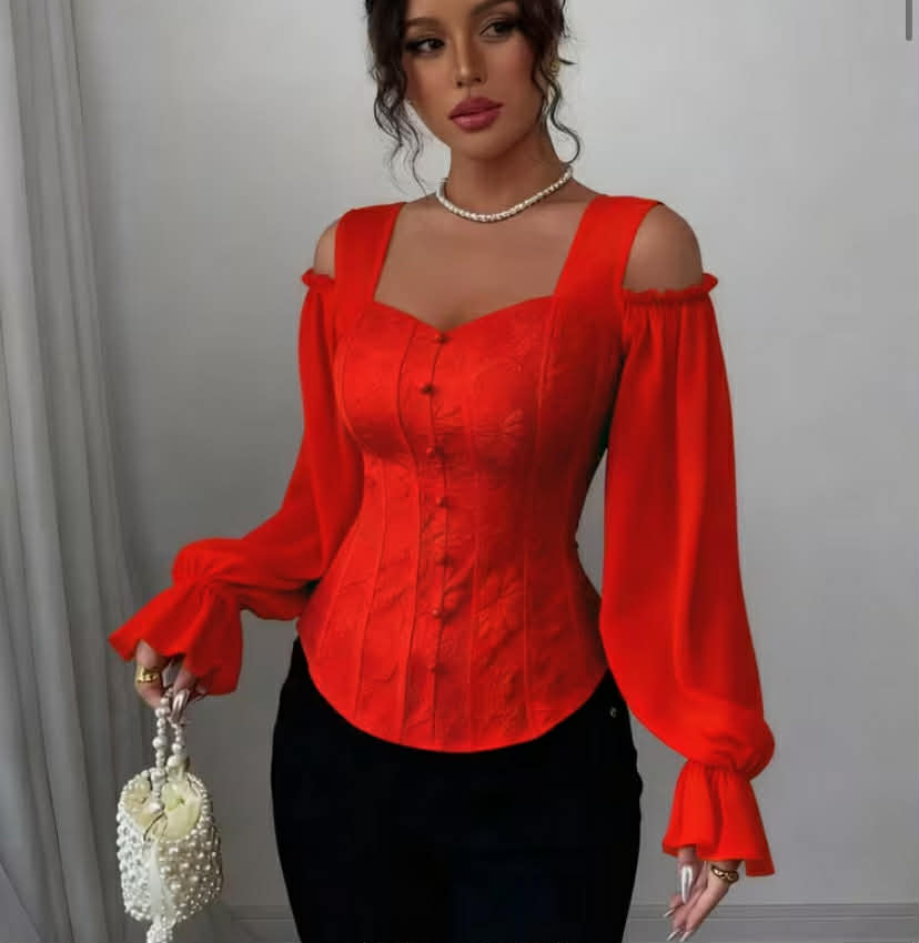 Plus Size - Women'S Fashion Open Design Strappy Floral Jacquard Long Sleeve Elegant Top
