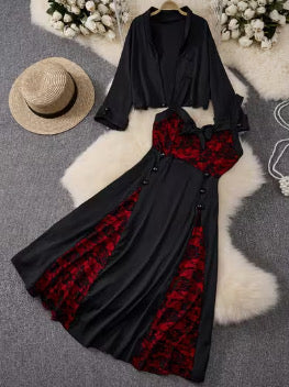 European and American Fashion Rose Lace Print Plus Size Two-Piece Dress for Women