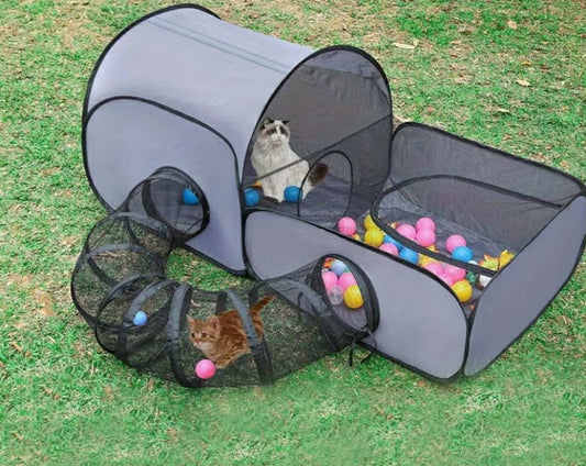 Portable Foldable Pet Playpen with Surround Tunnel Outdoor Indoor Cat Playpen for Small Animals, Oxford Cloth Material