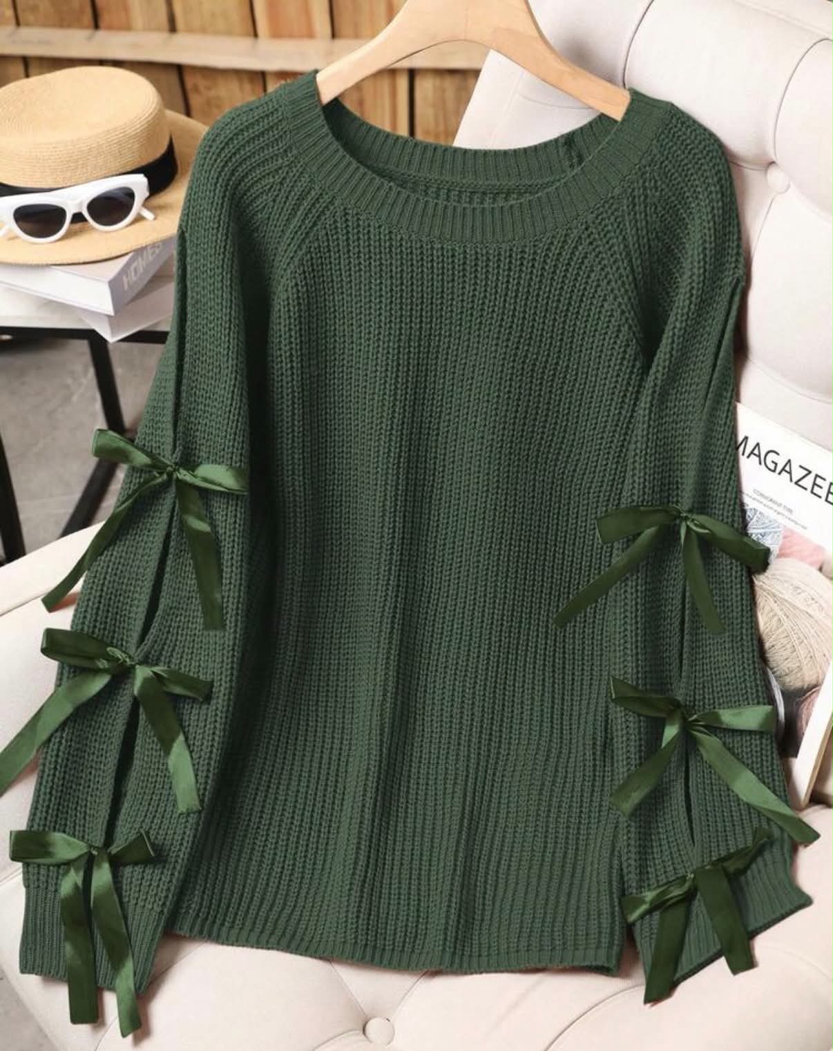 Plus Size Casual Round Neck Bowknot Contrast Color Knit Pullover Sweater
