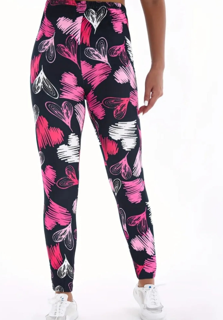 Fashionable Heart Print Tight-Fitting Leggings, Casual