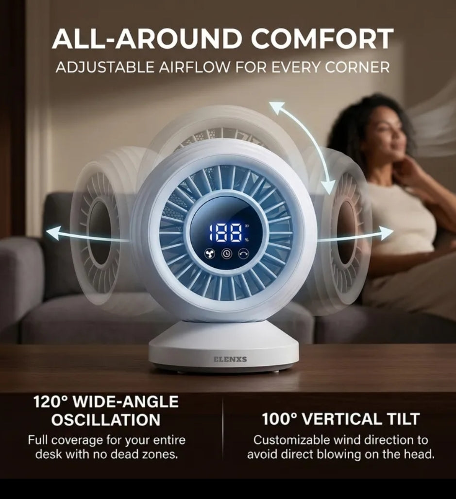 ELENXS Compact Air Circulator Desk Fan, Silent Low DB Electric Cooling Fans, Turbo Airflow Blades, High Definition Smart Digital Display, 100° Rotation, 8000Mah Extended Battery Life, 10-Hour Timer & 8 Speed Settings, Ideal for Bedrooms
