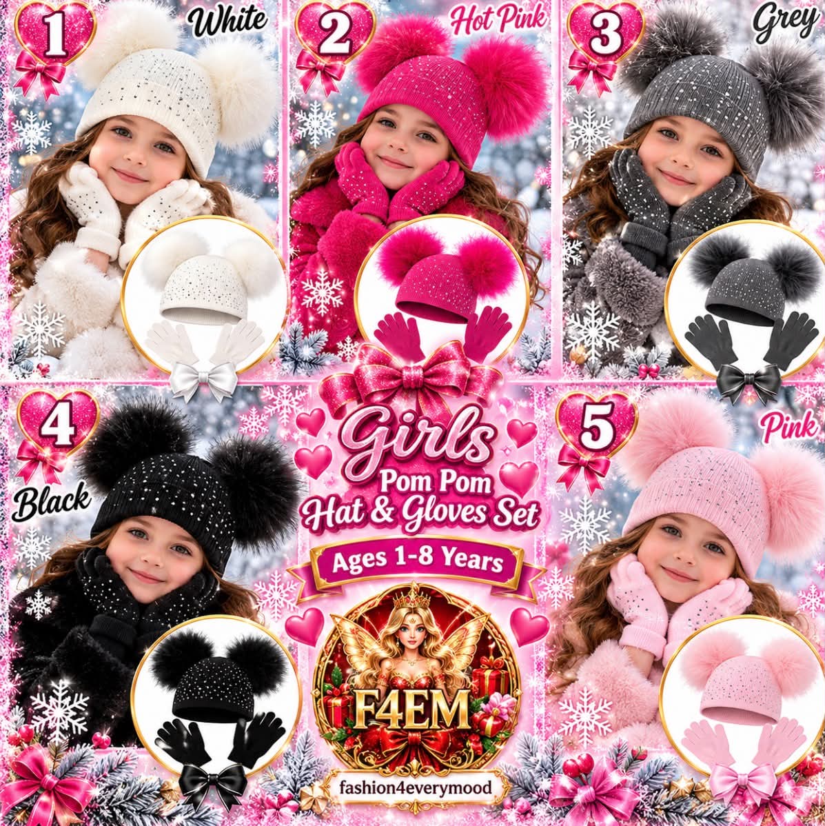 💕❄️ Girls’ Sparkly Pom Pom Hat & Gloves Set ❄️💕