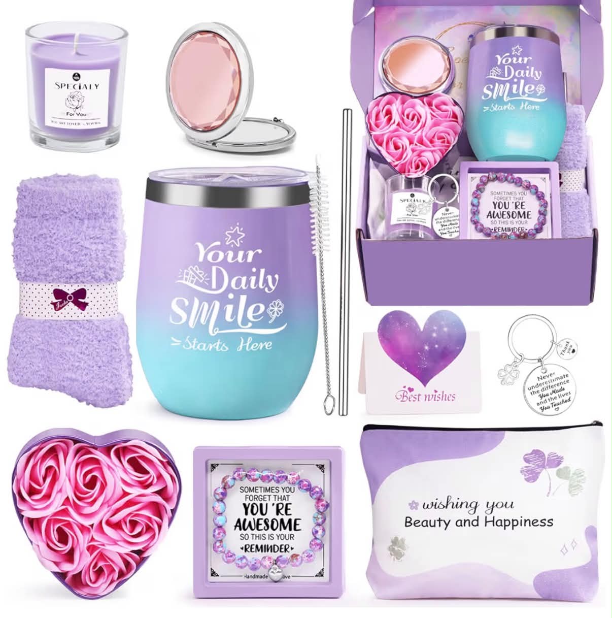 10PCS Exquisite Gifts Sets Include Tumbler, Stone Bracelet, Mirror & Keychain,