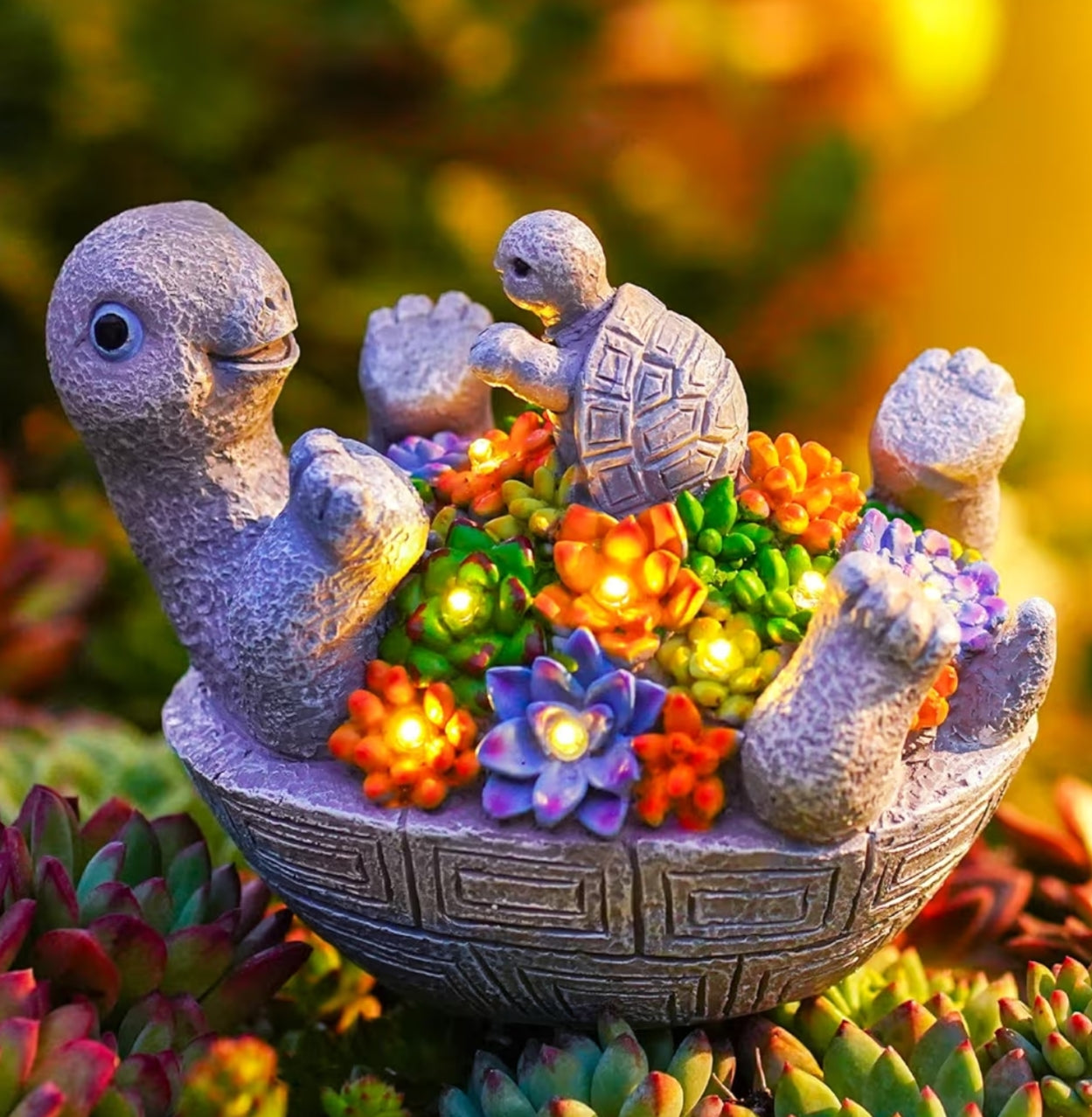 Turtle Statue Garden Ornaments Outdoor, Turtle Figurines with Baby 8 LED Solar Lights