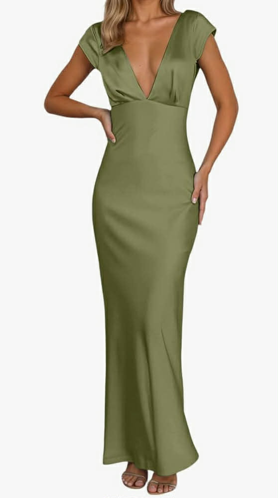 Elegant Satin Midi Dress Women's V-Neck Backless Detail Cocktail Party Evening Dress Summer Casual Dress Fashion Comfortable Stylish