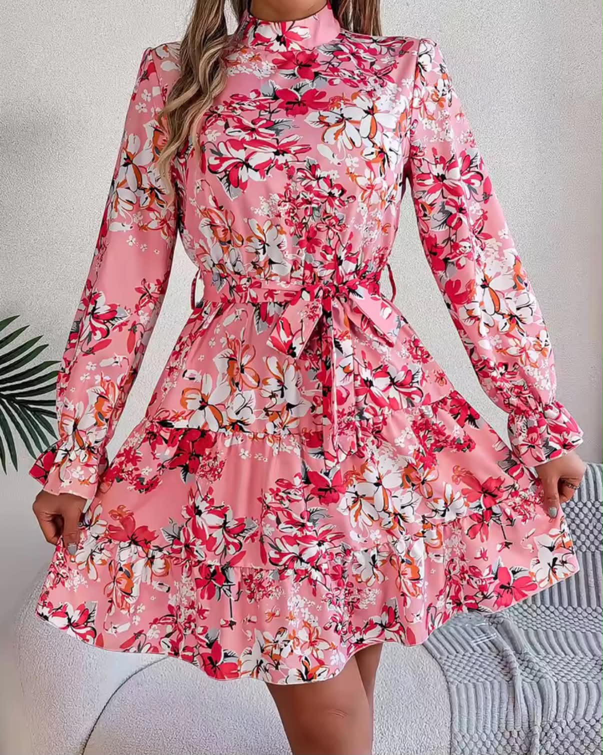 Elegant Mock Neck Belted Ruffle Hem