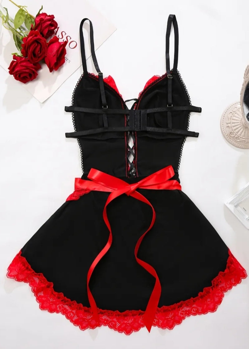 2 pcs Plus Size Women's Cosplay, COS Naughty Outfit, Fantasy Ribbon Cut-Out Backless, Seductive Sexy Hot, Role Play, Sexy Maid Temptation, Bedroom Temptation, Alluring Mini Skirt