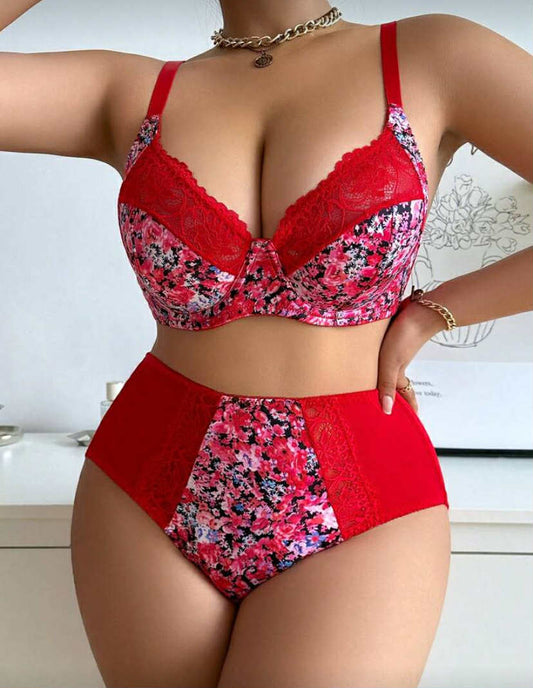 Floral Print Contrast Lace Underwire Bra & Panty Lingerie Set