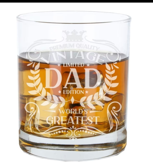 Gifts for Dad Vintage World'S Greatest Dad Engraved Whiskey Glass Present for Fathers Etched Whisky Bourbon Scotch Lowball Tumbler Glasses