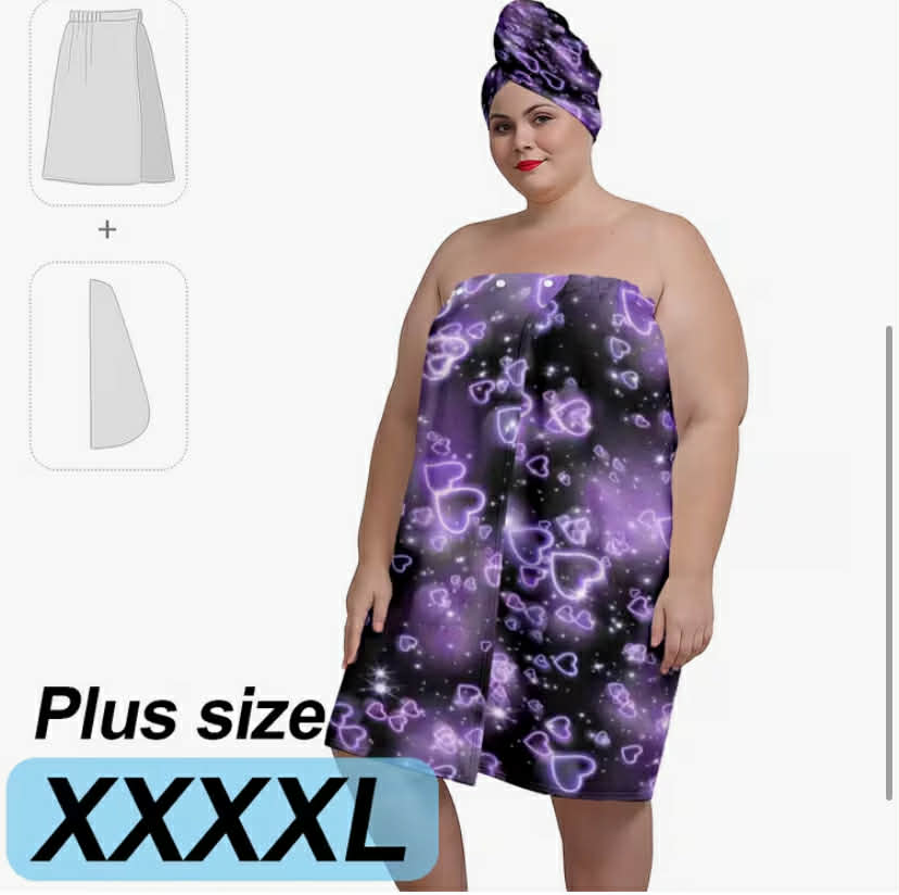 Bathrobe Set with Purple Heart Pattern, Featuring a Dreamy Romantic