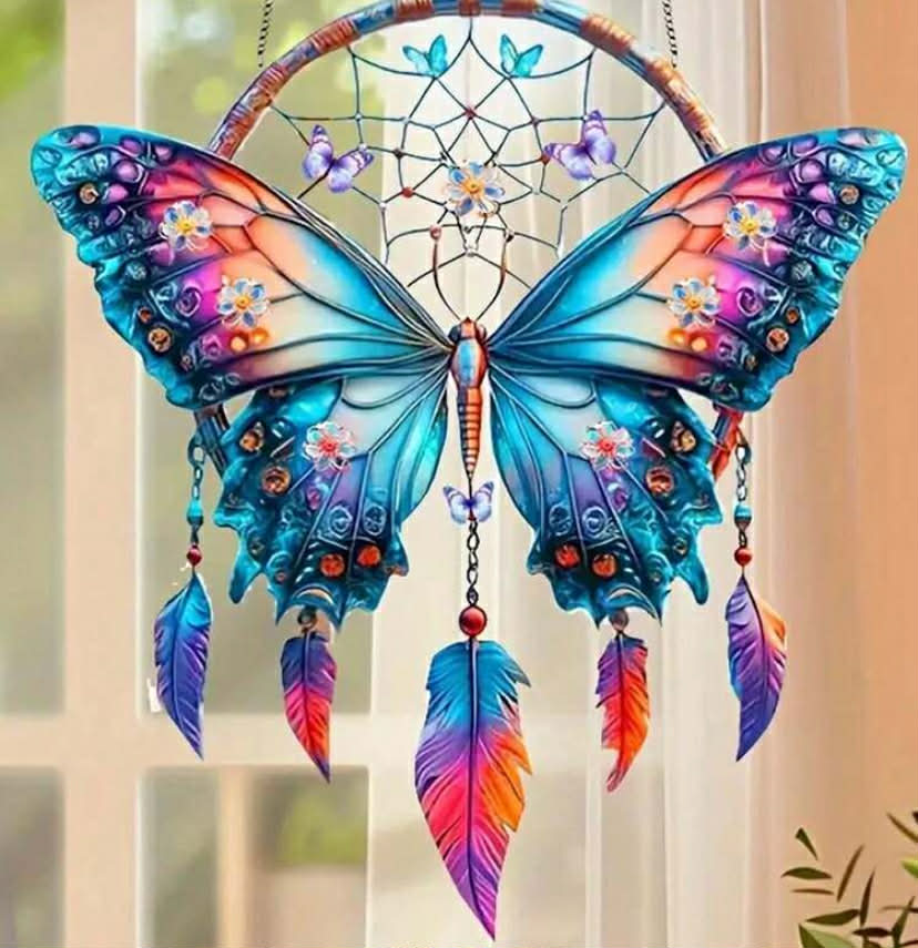 Bohemian Acrylic Butterfly & Feather Sun Catcher – Vibrant Colorful Dreamcatcher Wall Hanging,