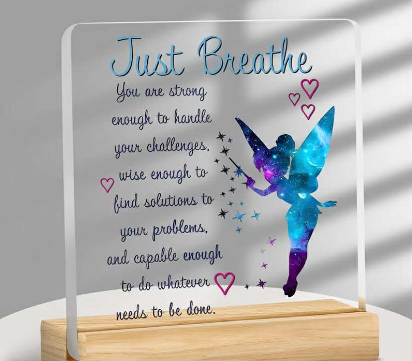 1 pc Bohemian Acrylic Wooden Ornament with Fairy Starry Sky Pattern & "Just Breathe" Inspirational Slogan