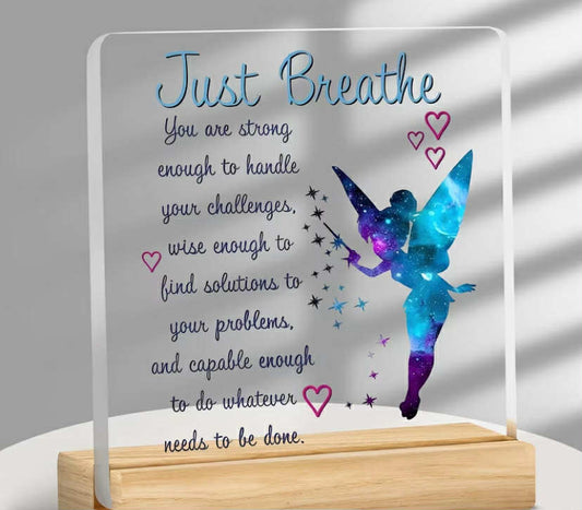 1 pc Bohemian Acrylic Wooden Ornament with Fairy Starry Sky Pattern & "Just Breathe" Inspirational Slogan