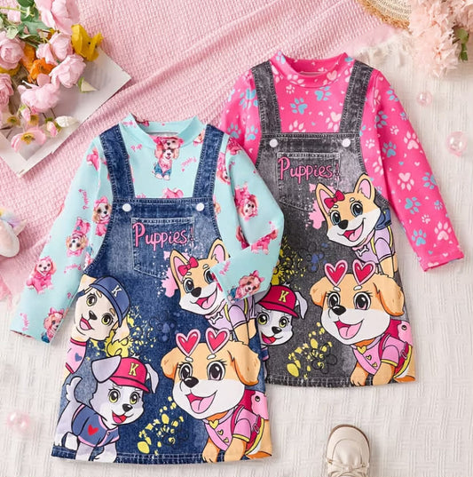 Girls' 2 pcs Casual Dress Set for Spring, Summer, Fall, and Winter - Imitation Denim Top with Pockets, Fake Straps, Positioned Print, Cute Dog and Letter Print, Round Neck, Long Sleeves, Straight Hem, Casual Style, Knitted Fabric, Slight Stretch,