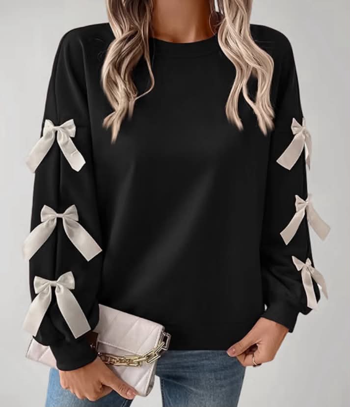 Women's Jumpers Long Sleeve Crewneck Pullover Sweatshirts with Ribbon on Sleeves Casual Loose Fit Fashion Ladies Top