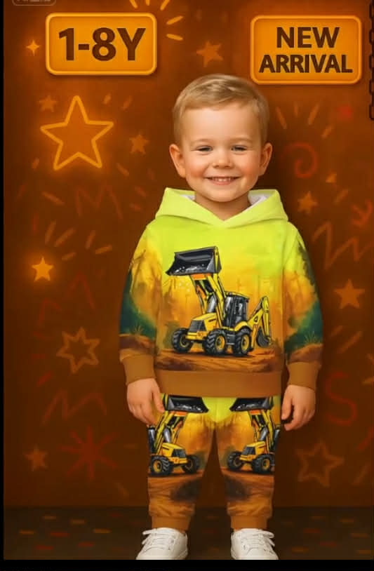 Hoodie Set for Boys Featuring a 3D Excavator Design, Perfect for Playtime And School. A Great Gift for Young Fans of Construction