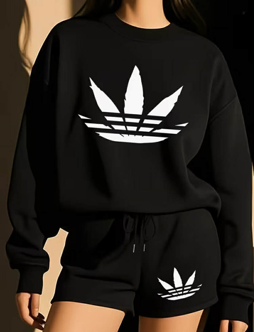 Women'S Sweatshirt And Shorts Outfit, Casual Sports Long-Sleeve Sweatshirt with Pockets And Drawstring Shorts, Machine Washable