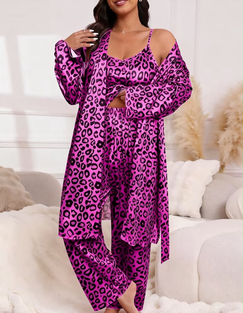 Plus Size Sexy Leopard Print Round Neck Camisole Long Pants + Tie-Waist Robe Three-Piece Pajama Set