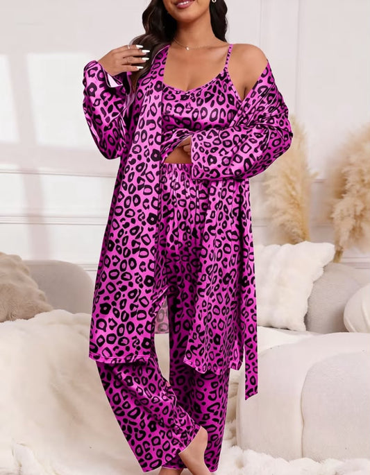Plus Size Sexy Leopard Print Round Neck Camisole Long Pants + Tie-Waist Robe Three-Piece Pajama Set